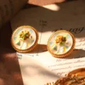 Detailed view of Monet oil painting style enamel hydrangea earrings with gold beaded edges - Light Yellow Hydrangea (E4-21959A)