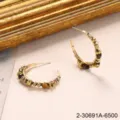 Vintage golden hoop earrings with brown tiger eye stone beads decoration for women - Vintage Golden C-Shaped Tiger Eye Earrings (2-30691A-6500)