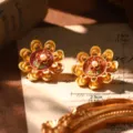 Detailed view of French floral enamel earrings with dimensions and weight info - Dark Purple Red Floral (E4-21835)