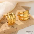 Close-up of gold chunky stainless steel shell earrings with size and weight details - Large Spiral Conch Style (STE-BC0629-5400)