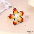 Colorful flower open ring with natural pearl center and size annotations. - Tricolor Floral (1-4334-5000) / Open Adjustable / Colorful