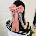 Elegant large pink double-layer ribbon bow hair clip with long organza streamers - Watermelon Pink