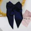 Vintage navy blue velvet large bow hair clip with elegant long streamers in detail - Navy Blue