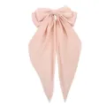 Detailed view of an elegant large pink satin bow hair clip with long hanging streamers - Champagne Pink
