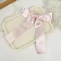 Exquisite macro detail of a soft pink satin bow hair clip with elegant long ribbons. - Pink