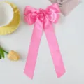 Macro view of pink ribbon bow hair clip with rose detail and long streamers - Rose Red