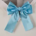 Macro detail of a light blue satin ribbon bow hair clip showing the smooth silky texture - Sky Blue