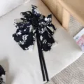 Vintage black and white floral print bow hair claw clip with long ribbon streamers - Black with White Floral
