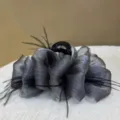 Elegant silver metallic mesh hair claw clip with black feathers for fluffy cloud hairstyle - Silver Gray Feather Style
