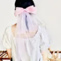 Elegant pink satin bow hair clip with long tiered white tulle veil for young girls - Pink Style (F114) / Pink