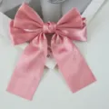 Close-up detail of a sweet pink satin ribbon bow hair clip with glossy texture. - Korean Pink