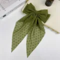 Elegant green chiffon bow hair clip with polka dot texture and long ribbons - Green