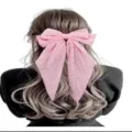 Sweet pink chiffon hair bow with white polka dots and long ribbons for back of head. - Bright Pink