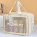 Large waterproof double-layer PU cosmetic travel wash bag with clear window and side mesh pocket. - Double Layer Handheld Style / L / Milk Apricot White