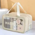PU double-layer portable travel cosmetic bag waterproof clear window toiletry organizer. - Double Layer Handheld Style / M / Milk Apricot White