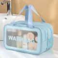 Portable PU travel toiletry bag double layer clear window makeup storage organizer blue - Frosted Double Layer Medium / Blue
