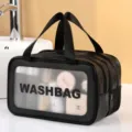 Black PU double layer waterproof travel cosmetic wash bag with clear window and handle. - Frosted Double Layer Medium / Black