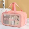 Pink PU double layer travel cosmetic bag portable waterproof toiletry pouch medium size - Frosted Double Layer Medium / Pink