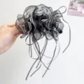 Close-up view of elegant black and white striped organza hair clip with flowing streamers - Mesh Striped Ribbon Style / Black (Banana Clip)