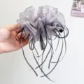 Elegant purple striped sheer fabric banana hair clip with long black ribbons detail view - Mesh Striped Ribbon Style / Light Purple (Banana Clip)
