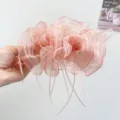 Detailed view of pink striped organza bow hair claw clip with elegant long ribbons - Pink Striped Gauze Bow Hair Claw / Pink
