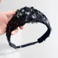 Detailed macro view of black sequined vintage crown headband with adjustable strap - Black With Sequin Triangle Style