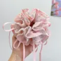 Large floral print scrunchie with long pink ribbons for forest style hair styling - Bow Streamer Style / Pink