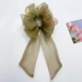 Elegante Detailansicht eines schimmernden, durchsichtigen goldenen Organza-Haargummis - Haargummis aus Netzstoff mit Schleife / Gold