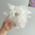 Dettaglio di un elegante elastico in organza bianca con perline di cristallo rosa - Bianco + Rete Bocciolo Elastico