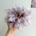 Close-up of lilac floral organza scrunchie with pink crystal drop charms - Smoky Purple + Mesh Bud Hair Tie