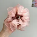 Nahaufnahme der zarten Faltenstruktur eines großen rosa Mesh-Haargummis - Zartrosa