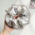 Close-up of a large Korean style floral scrunchie with brown pleated mesh edges - White With Polka Dot Floral Mesh Edge