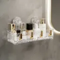 Transparent acrylic bathroom wall-mounted storage shelf with gold hooks and suction cups - Transparent White Gold / Clear White