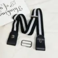 Invisible buckle free elastic belt for women stretch jeans waist band with striped design - Black and White 3-Stripes