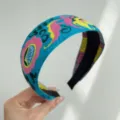 Bohemian wide fabric headband with colorful ethnic floral patterns on turquoise blue. - Wide Headband / Yellow & Green