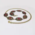 Vintage gold tone ornate filigree waist chain with red stone drop belt for women skirt - 3.3cm Antique Gold Waist Chain / Antique Gold [Red Turquoise]