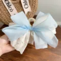 Elegant large hair claw clip with light blue organza and white lace floral bow detail - Blue + double-sided bow gripper