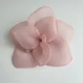 Macro detail of an oversized pink organza rose hair flower with small silver tag - Pink Hair Clip / 1 Piece / Pink