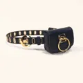 Black waist belt with gold eyelets, round buckle and attached mini pouch bag for women. - 105cm / Style B: Gold Half-Moon Buckle Belt + Waist Bag