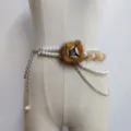 Schicke Perlen-Taille Kette mit Plüschblumen-Detail, eleganter Metallgürtel für Kleider. - Stil C / 110cm / Khaki