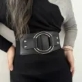 Women wide elastic waist belt retro metal double ring black waist band dress decorative - Style C / 7.0cm / Black