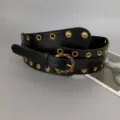 Schwarzer breiter Taillengürtel mit goldenen Ösen und Drehschließe für Damenmantelkleid. - 6.0cm Goldene Schnalle / Schwarz