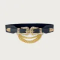 Cintura elastica nera da donna con doppie fibbie e catene dorate dal design occidentale - Modello a nappe / Cintura corsetto larga 5,0 cm / Frangia d'Oro