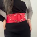 Red wide elastic waist belt with metal double rings and rivets for dresses and coats - Style C / 7.0cm / Red
