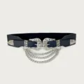 Cintura corsetto elastica larga da donna in stile vintage con fibbia incisa e catene - Modello a nappe / Cintura corsetto larga 5,0 cm / Frangia d'Argento