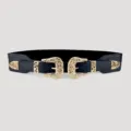 Cintura elastica larga in vita con fibbia doppia metallica dorata vintage donna - Stile a Doppia Fibbia / Cintura corsetto larga 5,0 cm / Oro