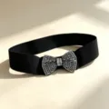 Black elastic waist belt featuring a sparkling rhinestone bow, elegant dress accessory. - Style C White Rhinestone Bow / Black / 67-107cm