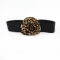 Women elastic waist belt with leopard print fabric rose flower buckle dress accessory - Flower Cinch Belt / 5cm / Leopard Print