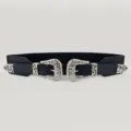 Donna vintage fibbia doppia intagliata cintura elastica larga vita nera moda elegante - Stile a Doppia Fibbia / Cintura corsetto larga 5,0 cm / Argento