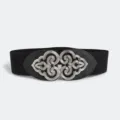 Cinturón elástico ancho retro con hebilla de metal plateado ornamentado para vestidos. - Hebilla Plateada de 6.0cm / Negro